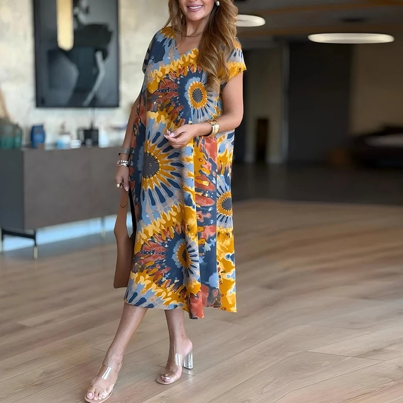 Zomerjurk Dames V-hals Korte mouw Losse strandvakantie Jurken voor dames Casual losse midi-jurk Boho