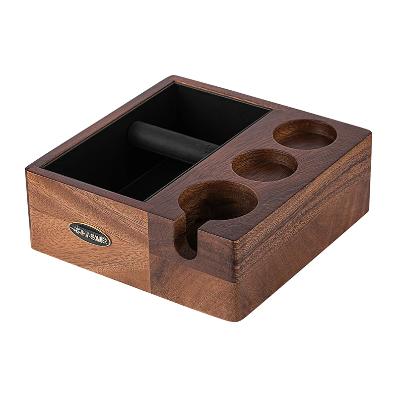 MHW-3BOMBER 4 In 1 Espresso Knock Box Vintage Tamping Stand Wooden Base & Anti-slip Silicone Coffee Distributor & Tamper Holder