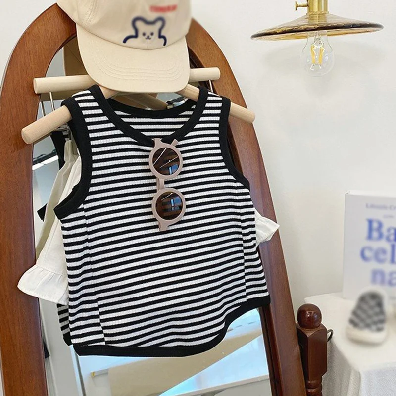 

Summer Children Vest Cute Black White Striped Sunscreen Sleeveless T-shirt Tops Baby Kids Undershirt Beach Casual Clothing