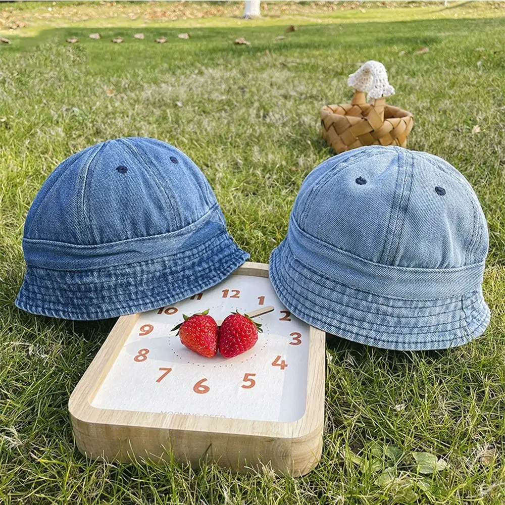 Soft Solid Color Washed Denim Bucket Hat Korean Style Panama Cap Baby Sun Hat Infant Cap Headwear Children Fisherman Cap Boys