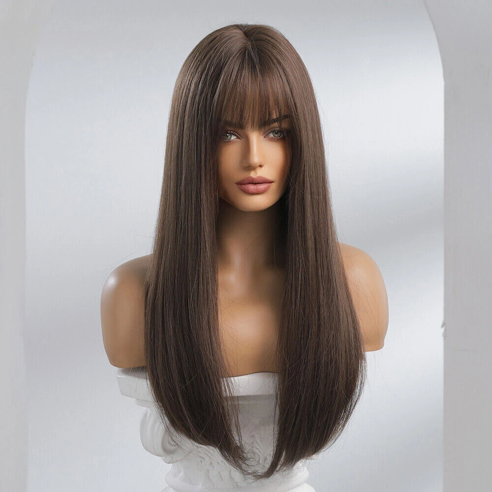 24 Inch Dark Brown Long Natural Straight Hair Bangs WomenDaily Use Wigs