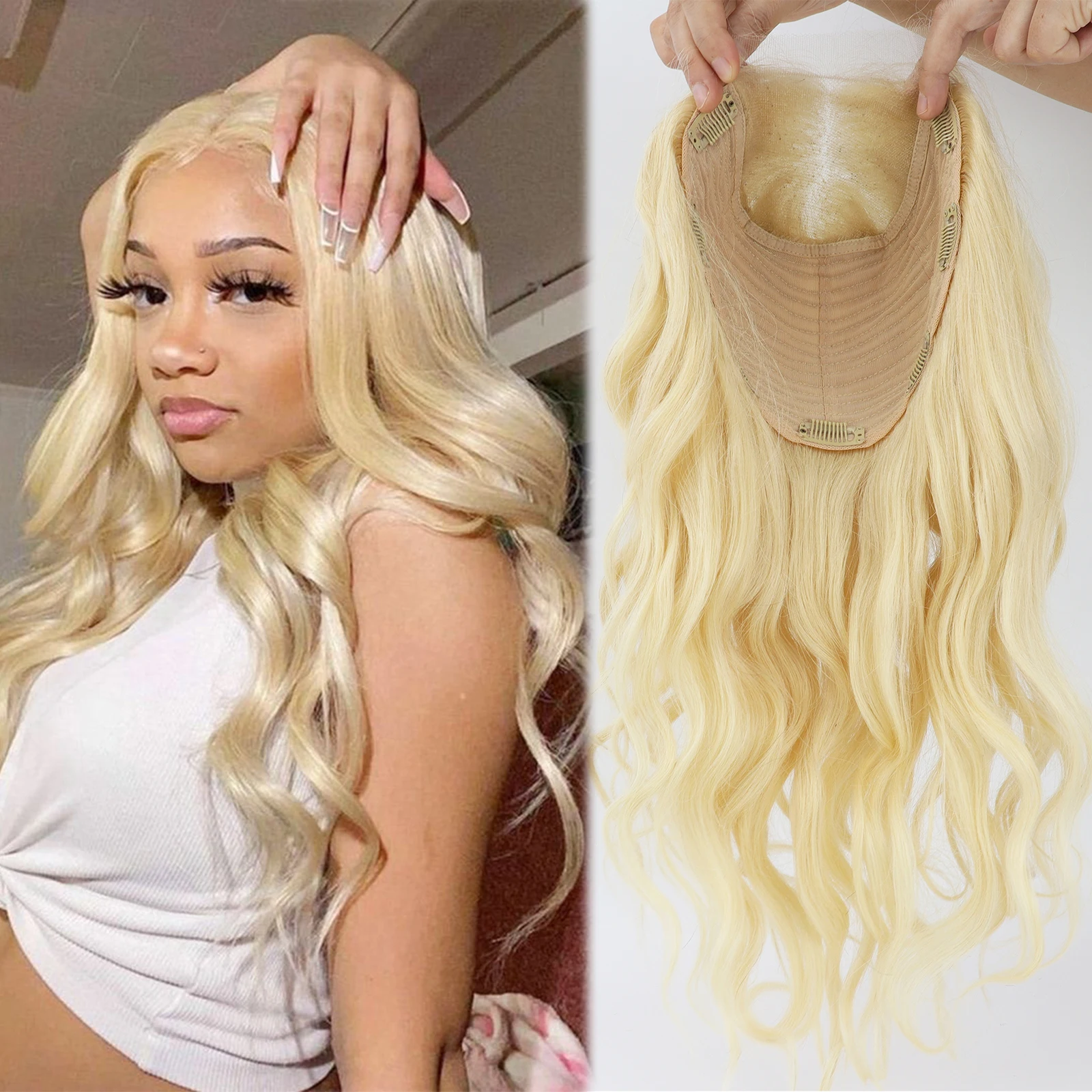 

Real Human Hair Toppers Lace Base closure Weft with Clips 8x8inch #613 Light Blonde Natural Hairline with Baby Hair for woman