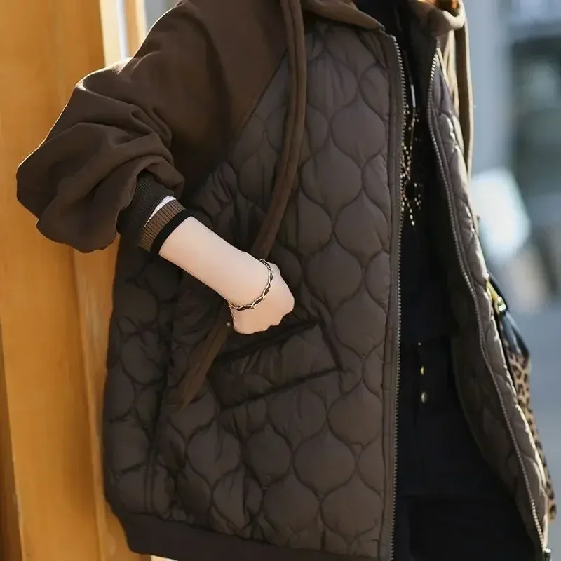 

Large Size New Hooded Spliced Down Cotton Coat Thick Warm Puffer Jacket Female Korean Loose Cotton Padded Overcoat Quilted Parka