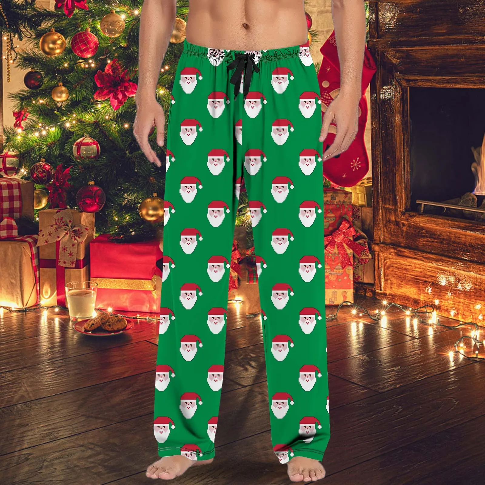 Mens Christmas Casual Pants Y2k Pajamas Drawstring Bottoms Pockets Trousers Funny Santa Claus Joggers Vacation Pantalones