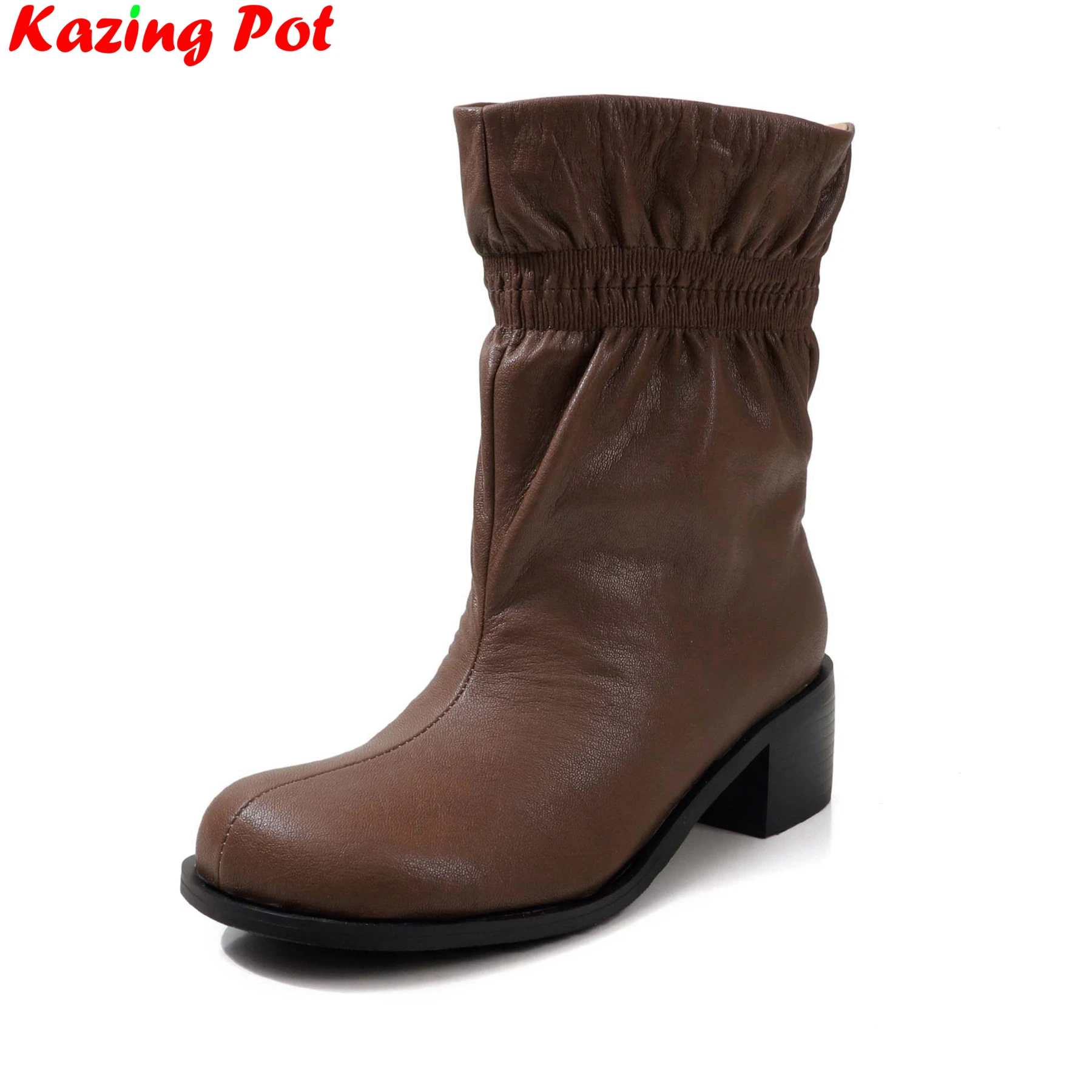 2027 Superstar Cow Skin High Heels Modern Boots Warm Winter Shoes Pleated Catwalk Dating Office Lady Casual Women Mid-calf Boots