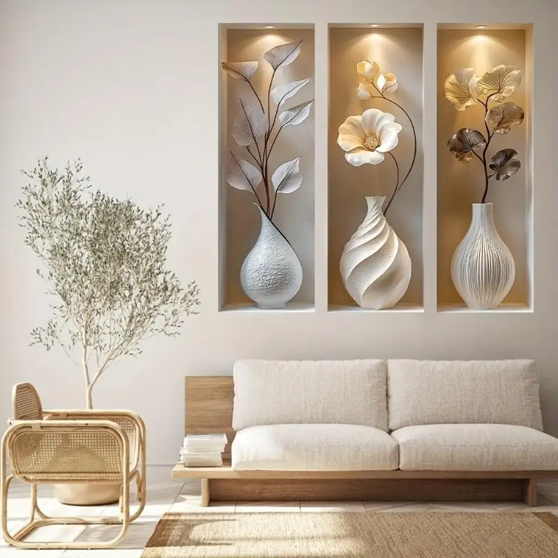 3D PVC Faux Vase Wall Decal Removable Eco-Friendly Niche Sticker for Housewarming Gift Home Decor Use