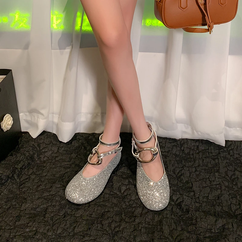 2024 Silver Sequins Women's Flat Shoes Round Toe Metal Ring Women Ballet Shoes Hand-made Fashion Show Match Skirt Zapatos Mujer