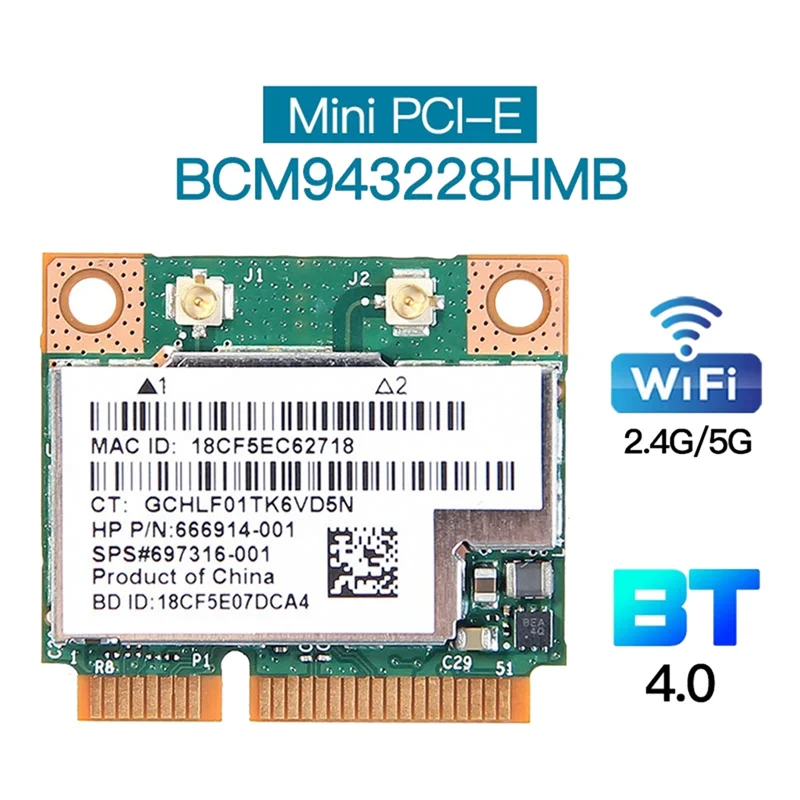ABJG-BCM943228HMB WiFi Card Network Card Dual Band 300Mbps Bluetooth4.0 802.11A/B/G Mini PCI-E Laptop