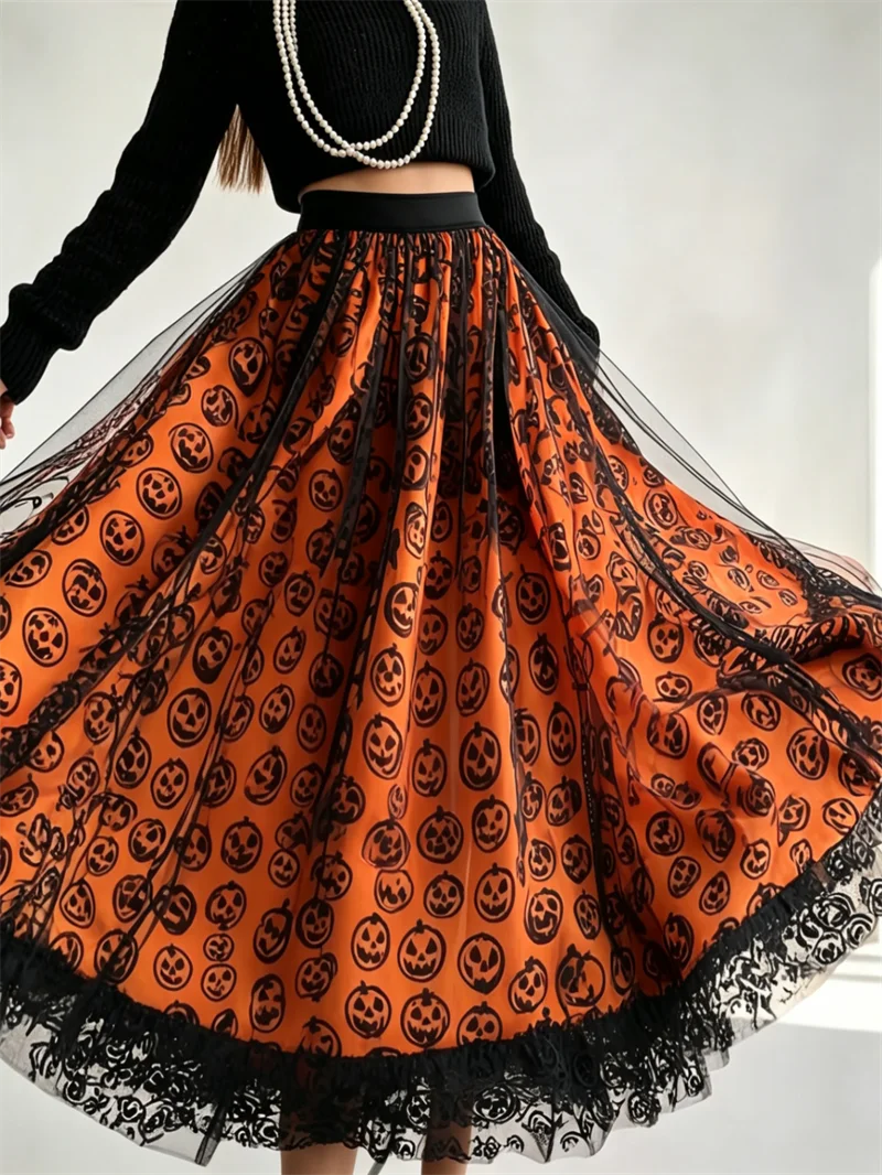 Halloween Pumpkin Mesh Long Skirt Women Black Flocking Skull Print Tulle Skirt Elastic Waist Layered Orange Lined Party Bottoms
