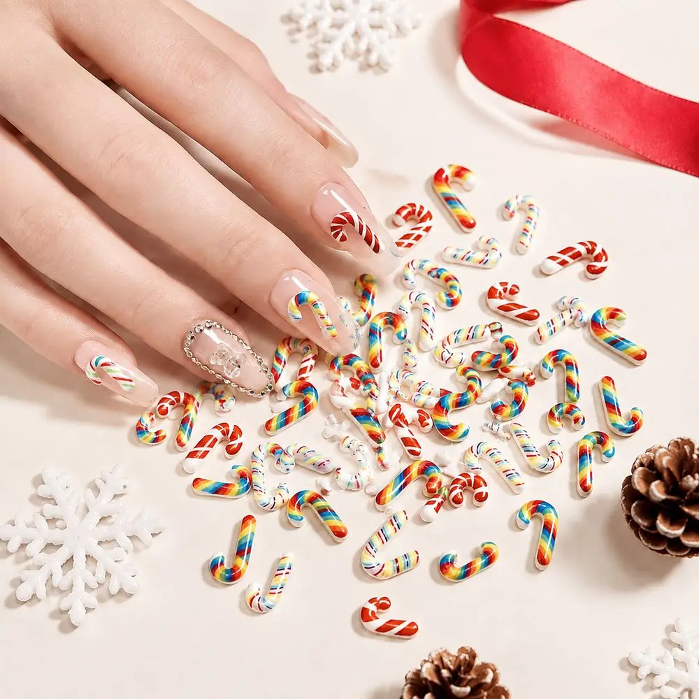 50Pcs Mini Flat‑Back Candy Cane Nail Charms Christmas Multi‑Color Resin Decor For Home Salon Xmas Art False Nail Supplies