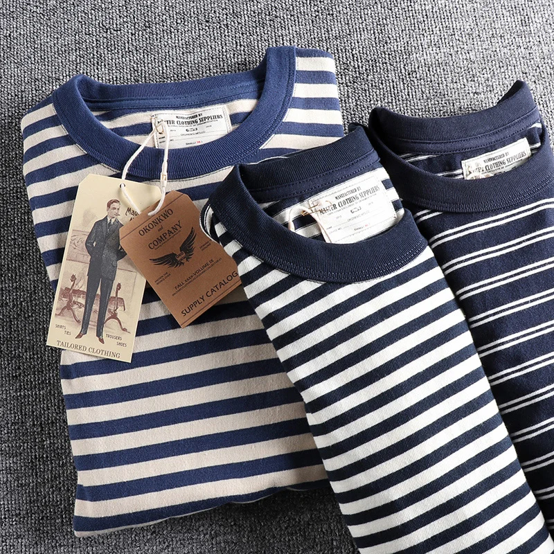 Autumn Japanese Retro Heavyweight 280g Long-sleeved O-neck Striped T-shirt Men's Fashion Pure Cotton Washed Loose Casual Tops