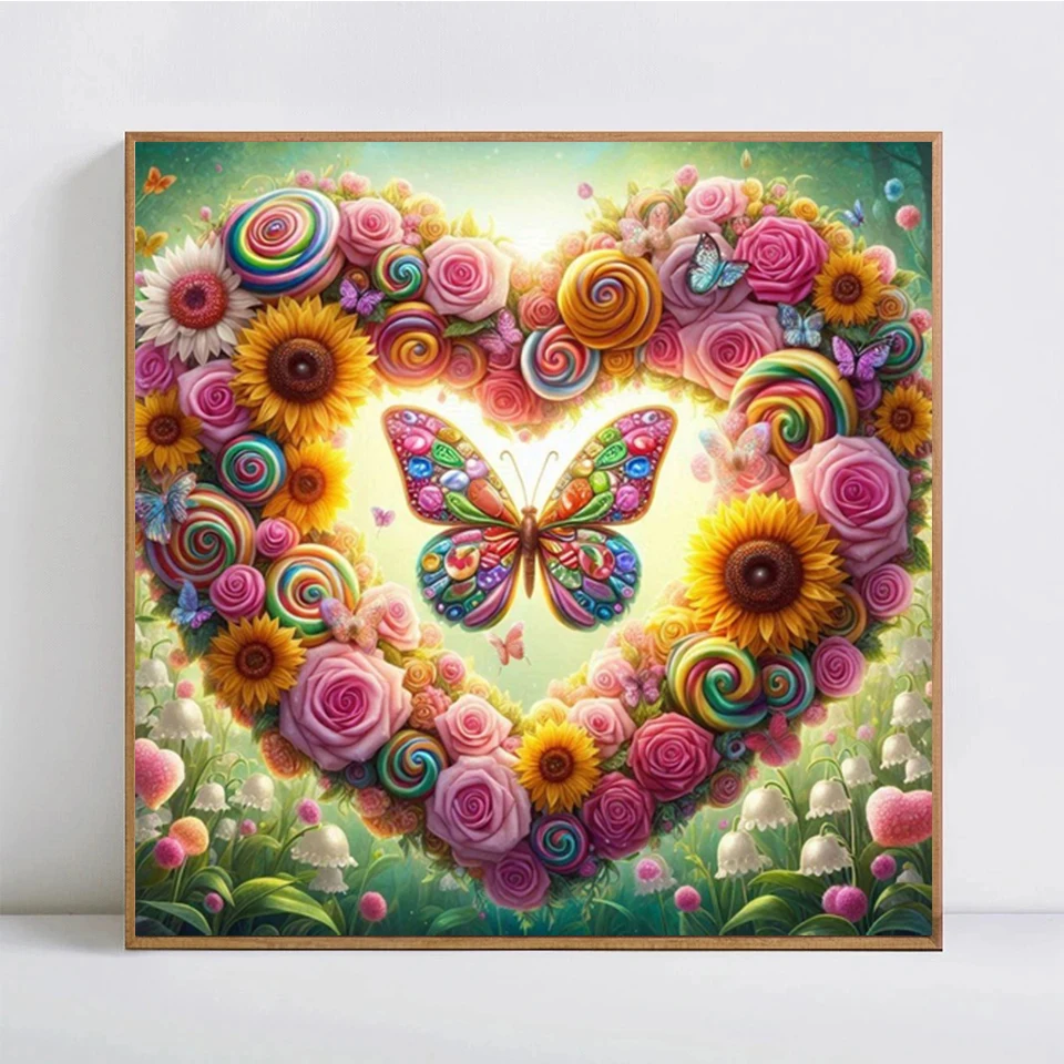 5d DIY Full Diamond Painting New 2024 Heart Shaped Flowers Sunflower Rose Butterfly Diamond Mosaic Embroidery Gift Room Decor