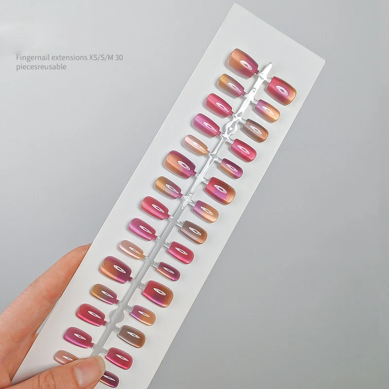 30 Stück handgemachte Gradient-Katzenaugen-Press-On-Kunstnägel, mittelkurze Nagelspitzen, beliebtes Design, Blumendekoration, vollständige Abdeckung – Detail 3