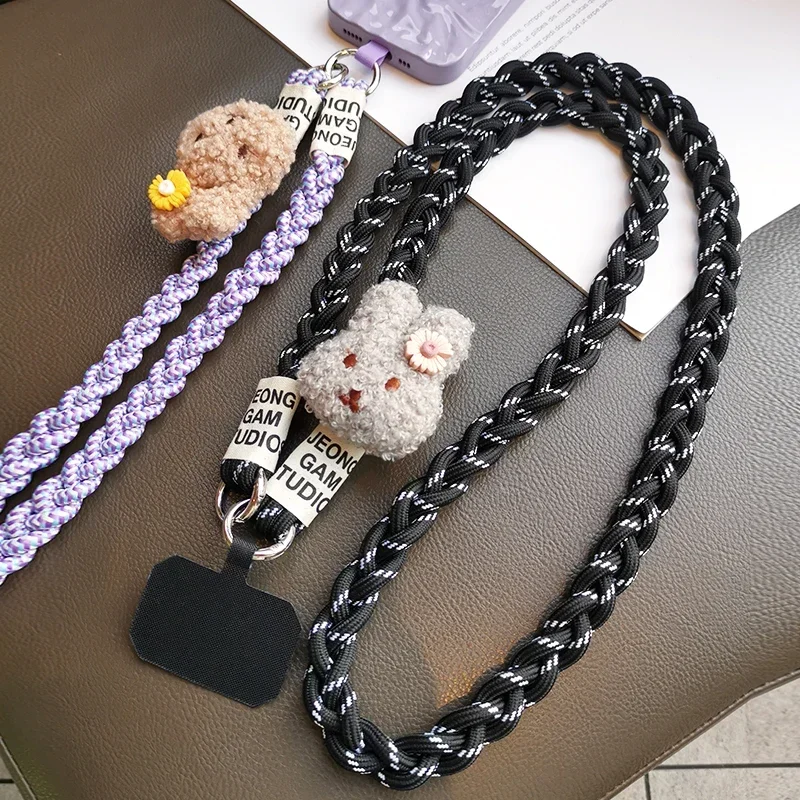 Three Strand Ponytail Mobile Phone Strap Long Diagonal Strap Hanging Rope Neck and Back Rope Cartoon Bunny Pendant Lanyards