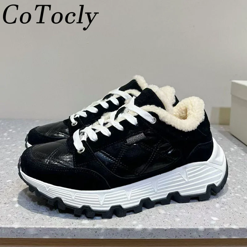 

Зимние шерстяные теплые кроссовки на толстой подошве, женские туфли на плоской подошве с круглым носком, на шнуровке, из коровьей замши, в стиле пэчворк, повседневная женская прогулочная обувь