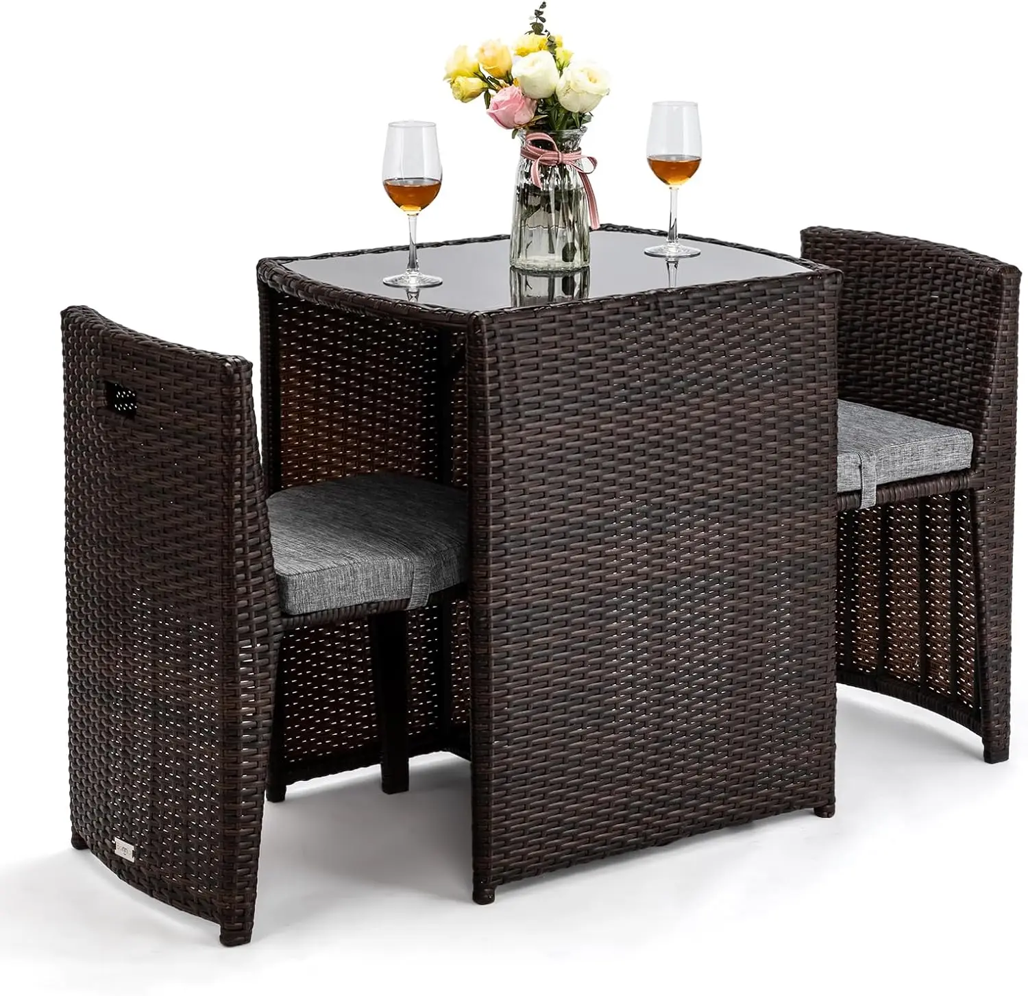 

Wicker Outdoor Patio Bistro Set, Patio Furniture Set for Space with Glass Top Table, Balcony Furniture Patio Table and Chairs