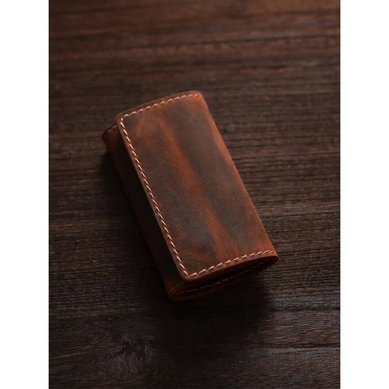 Vintage Handmade Crazy Horse Leather Key Pouch Car Key Cover Protect Case RFID Card Wallets Man Gifts Fashion
