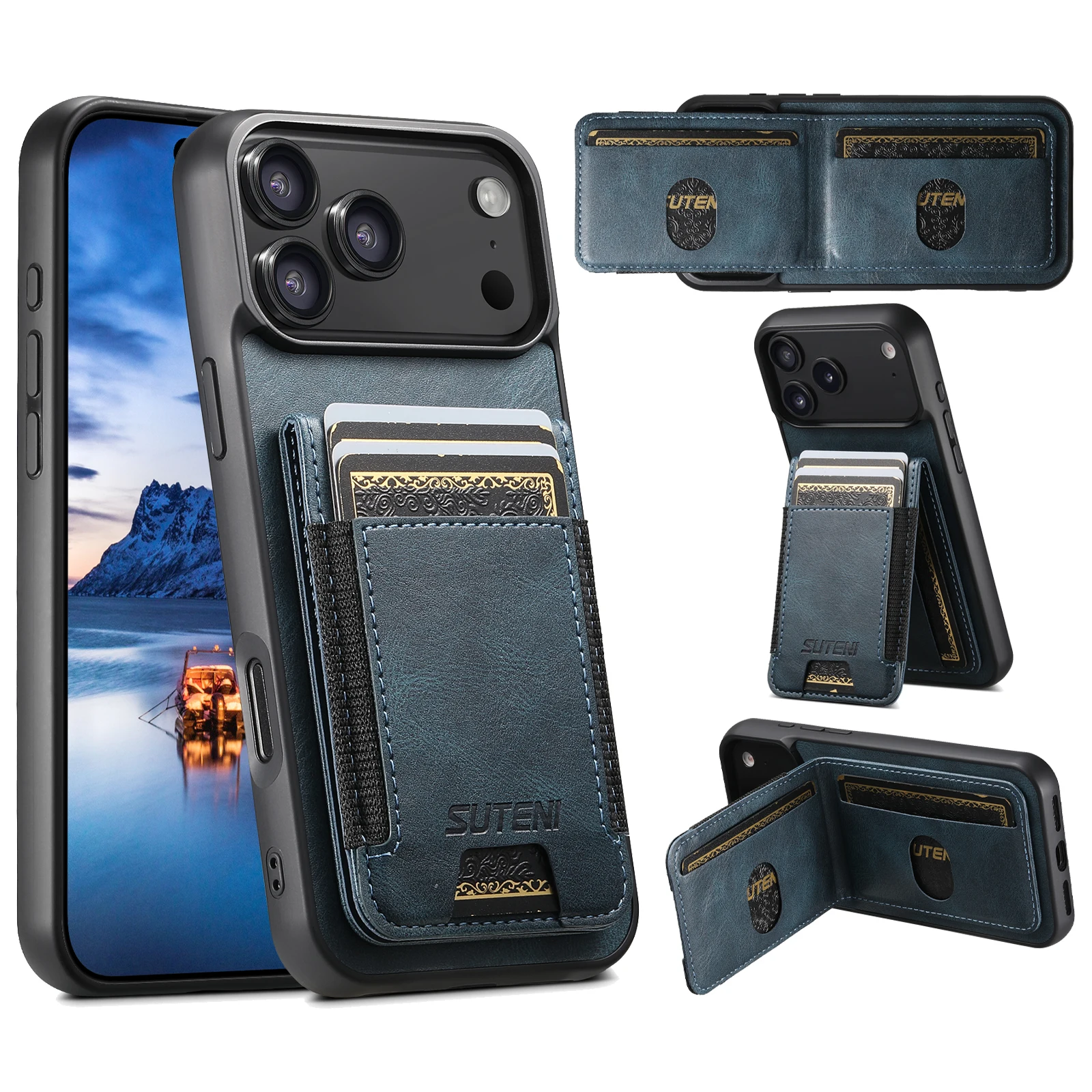 

Чехол для телефона SUTENI с держателем для карт, роскошная подставка из искусственной кожи для iPhone 17 Pro Max 16 Plus 15, 14, 13, 12