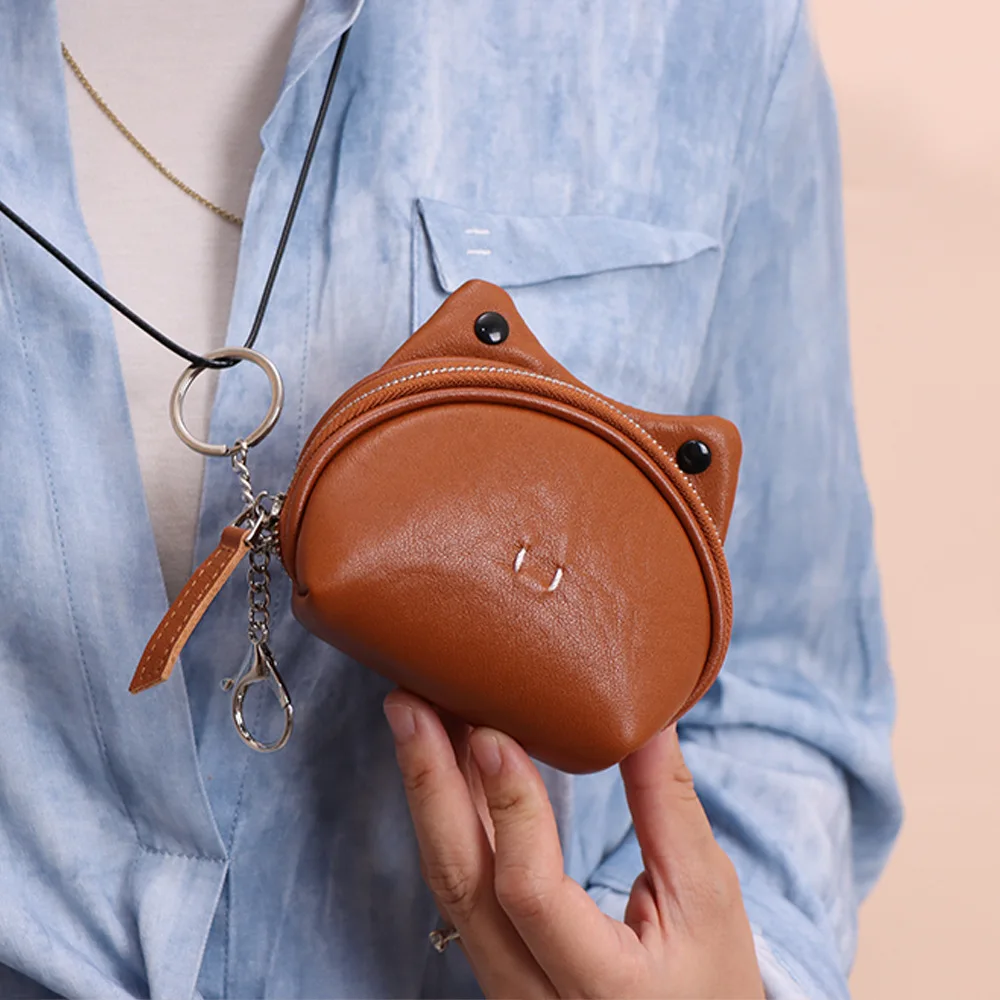 

Cowhide Frog Shaped Coin Purse Portable Neck Hanging Change Key Storage Pouch Women's Compact Lipstick Coin Holders with Lanyard
