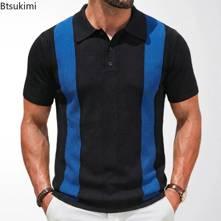 Polo de manga corta para hombre, cárdigan ajustado de punto para negocios, ropa de calle informal, Tops masculinos, primavera y verano, 2024