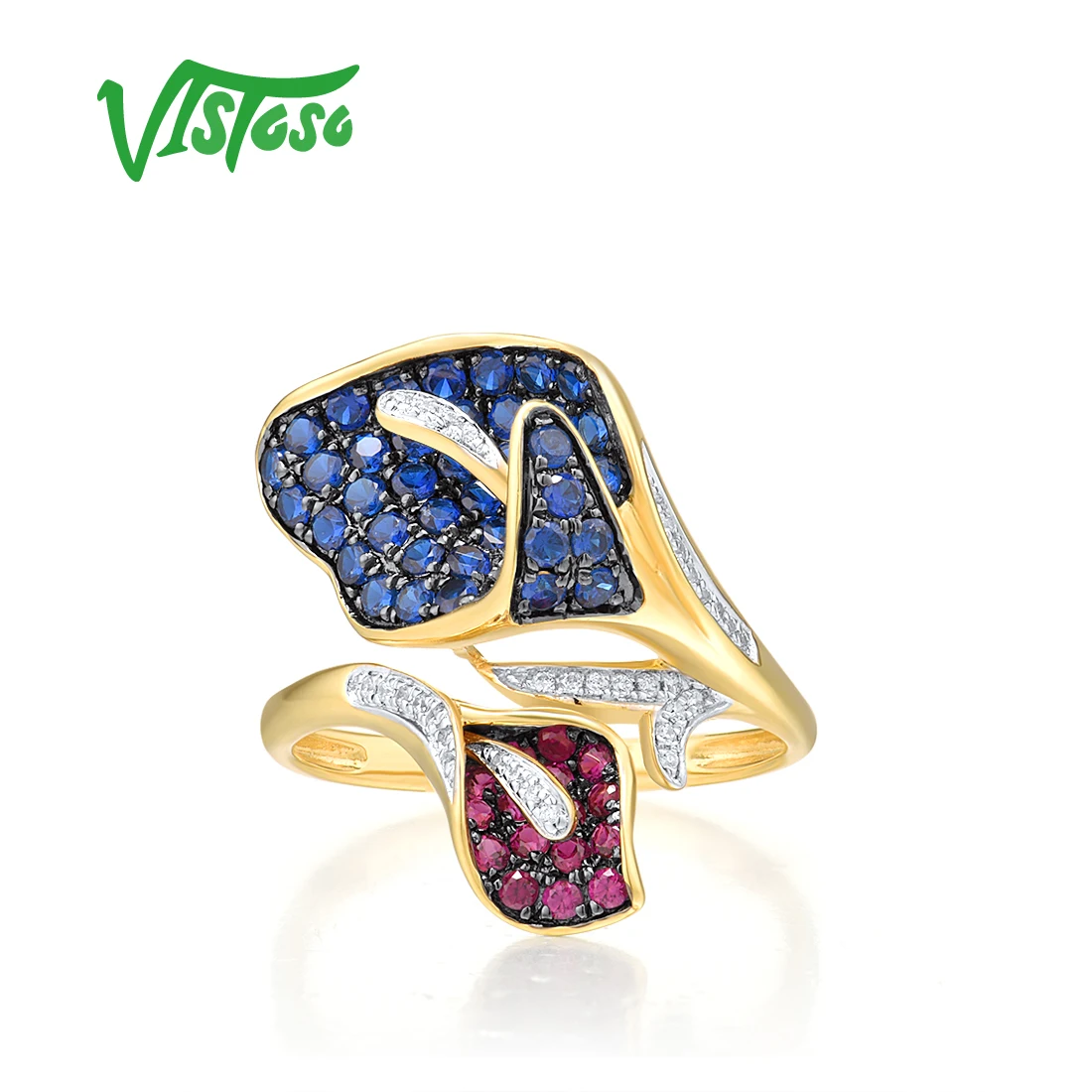 VISTOSO Authentic 14K 585 Yellow Gold Ring For Women Sparkling Blue Sapphire Ruby Diamonds Dazzling Wedding Flower Fine Jewelry