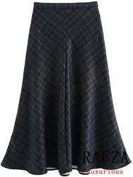 TRAFZA Vintage Casual Chic Women Skirt Plaid Zipper Long A-Line Skirt New Fashion 2024 Autumn Winter Holiday Female Long Skirt