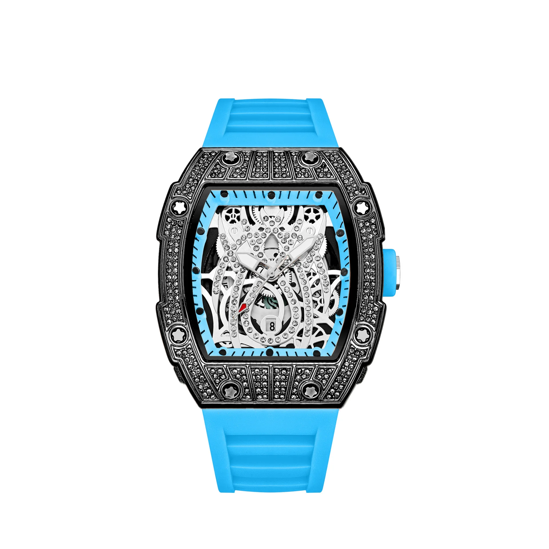 

High Quality Fashion Tonneau Hollow Full Diamond Engraving Quartz Watch Men Luxury Luminous Date Watches Men Steel Men AAA Clock