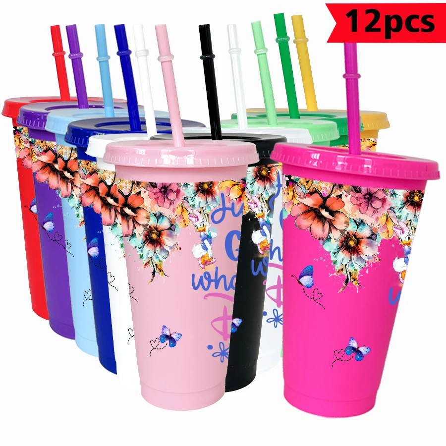 

12PCS/pack Disney, Sunflower, Butterfly 26oz Multicolor Plastic Water Cup Party Drinking Set Birthday/Back to School Gift