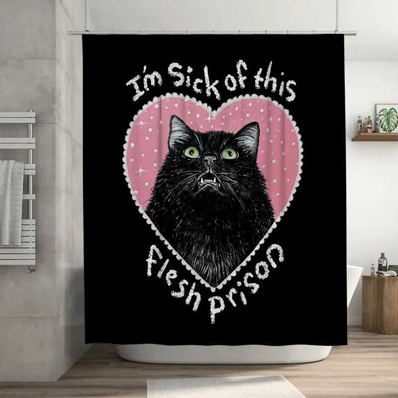 

Decorative Cat Shower Curtain with Black Background, Heart Shape Design, Bathroom Decorative Accessories for Home Decoration Bla