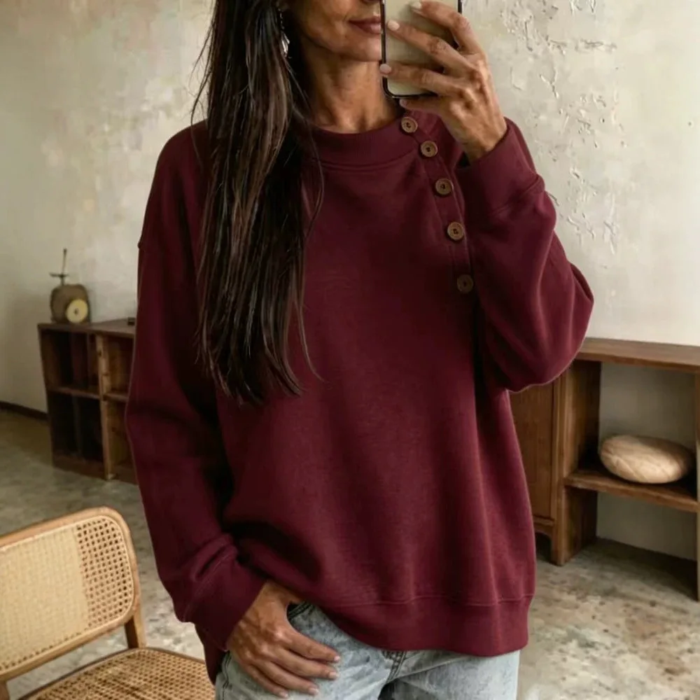 Damen-Sweatshirt mit Knopfdetails, Rundhalsausschnitt, langen Ärmeln, lockerer Passform, einfarbig, lässiger Oversize-Stil, ideal für Herbst und Winter, für den täglichen Gebrauch. – Detail 4