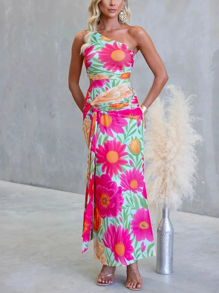 

Summer New Sleeveless Slim Wrap Hips Dress Women High Waist Hollow Out Vacation Dress Fashion Slash Collar Floral Printed Dress