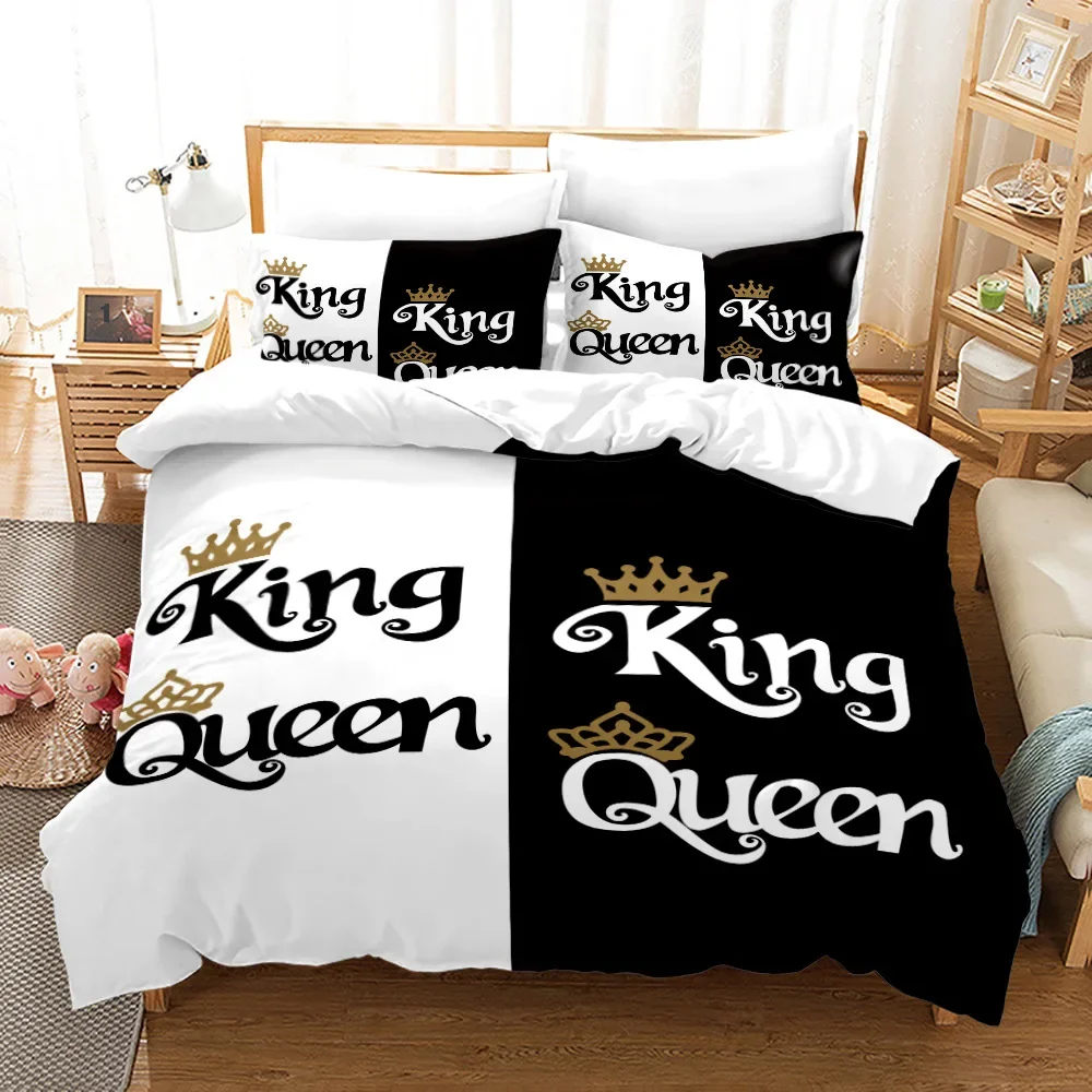 3PC Couple_Lover White Black Luxury Bedding Set Printed Duvet Cover Bedding Set Comfortable Breathable Sheet Cotton Bedding