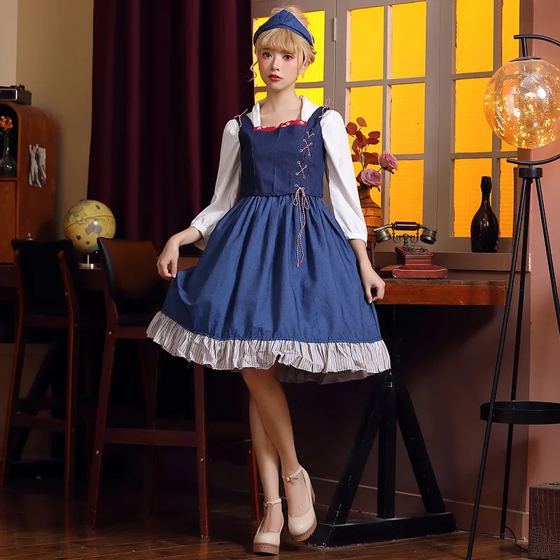 

Jeans Farm Dress Belle Princess Cosplay Costume Denim Dress Jeans Vest Suit Party Stage Costumes