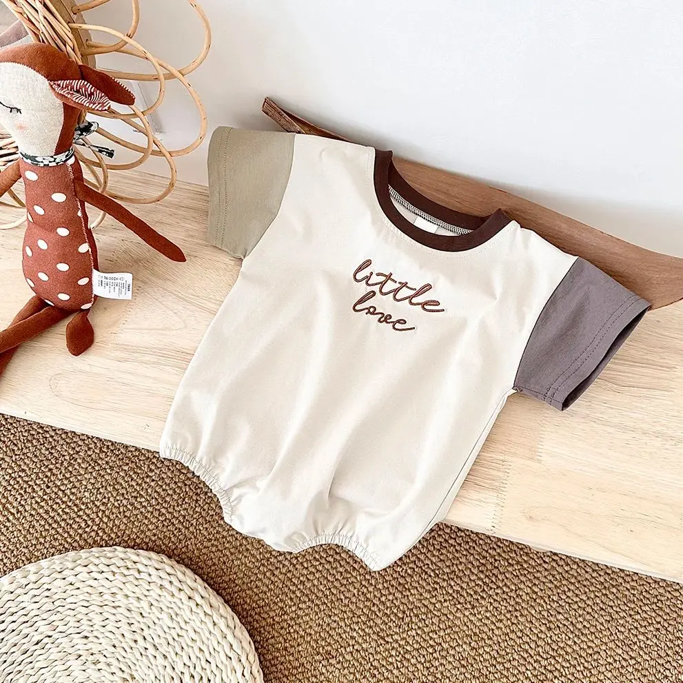 

INS Newborn Girls Romper Short Sleeved Letter Embroidered Color Block Jumpsuit Baby Boys Clothes 2024 Summer Infant 0-2Y