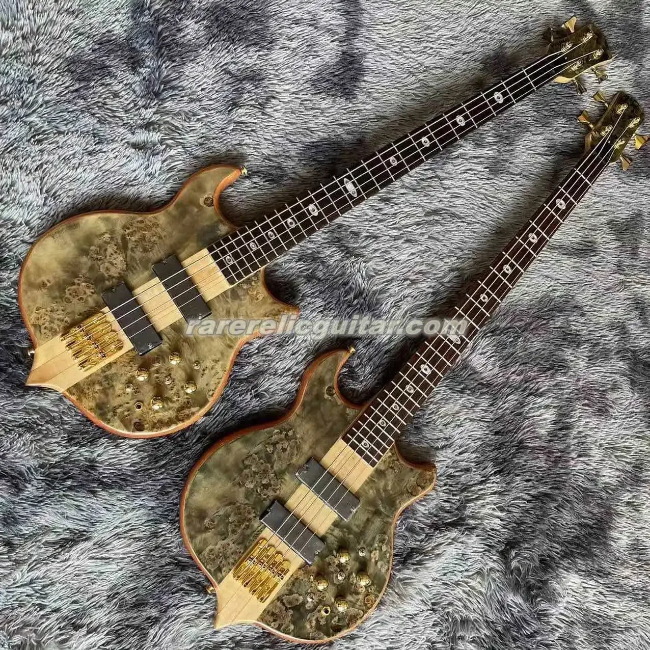 In Stock Natural Spalted Maple Burl Top 4 String Electric Bass Guitar Neck Through Body Pearl Inlay Gold Hardware 9V Battery Box