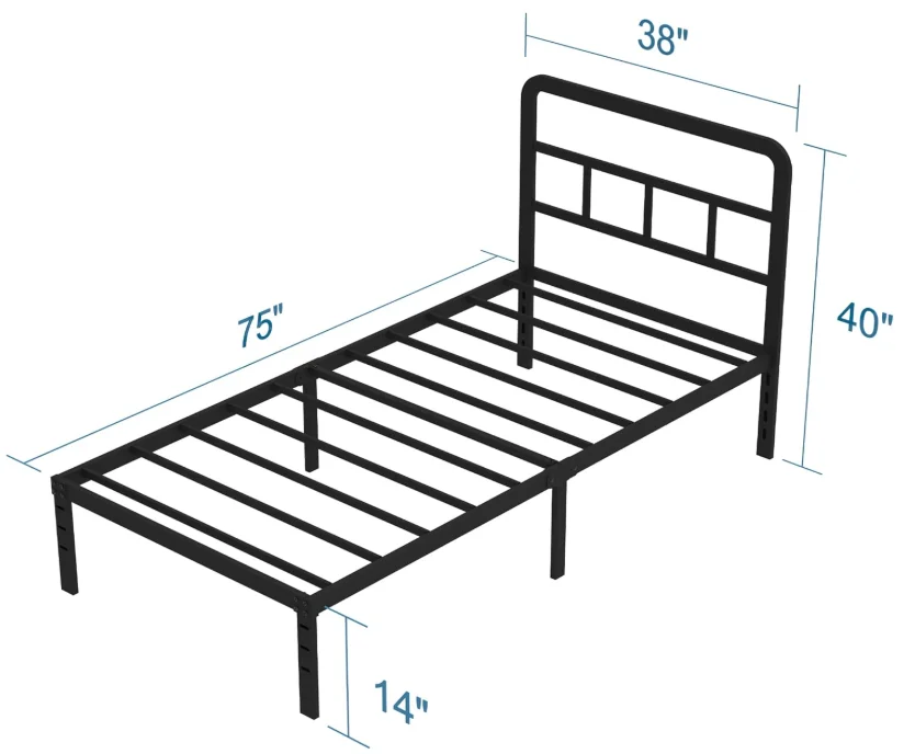 Base de Cama Individual Metálica con Cabecero, Estructura de Acero Resistente, Base para Colchón, Fácil Montaje, Silenciosa, Promueve las Ventas
