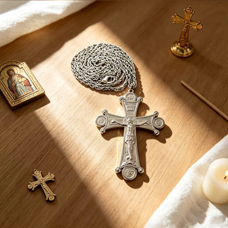 New Byzantine Orthodox Silver Crucifix Pendant Necklace Stainless Steel Jesus Christ Relief Golgotha