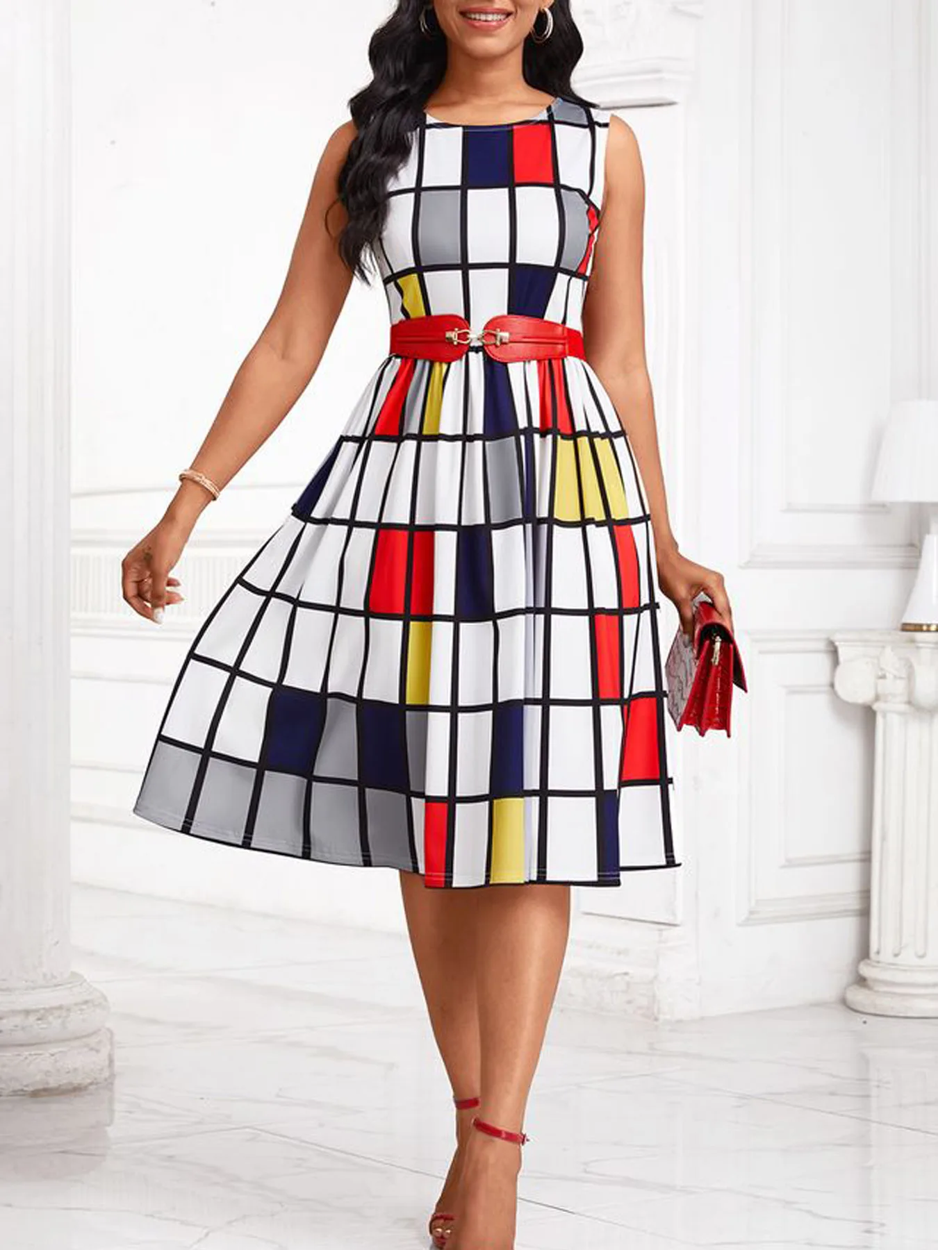 Damen-Sommerkleid, ärmellos, geometrischer A-Linien-Schnitt, Rundhalsausschnitt, bedruckt, lässig, Partykleid, schmal geschnitten, ausgestelltes Swing-Kleid, Gürtel nicht im Lieferumfang enthalten