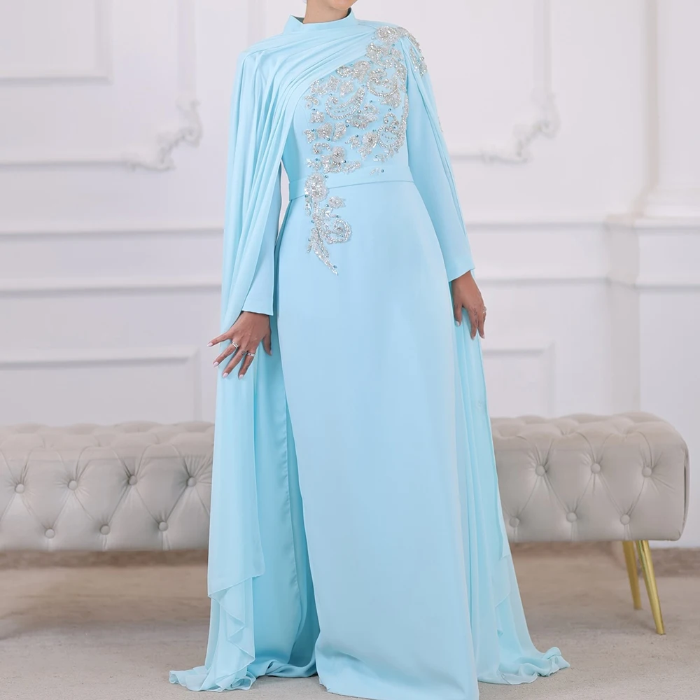 Vestidos de noite retos personalizados até o chão, gola alta, manga comprida, vestido de baile, moda cristal, simples, roubou, vestido de festa drapeado