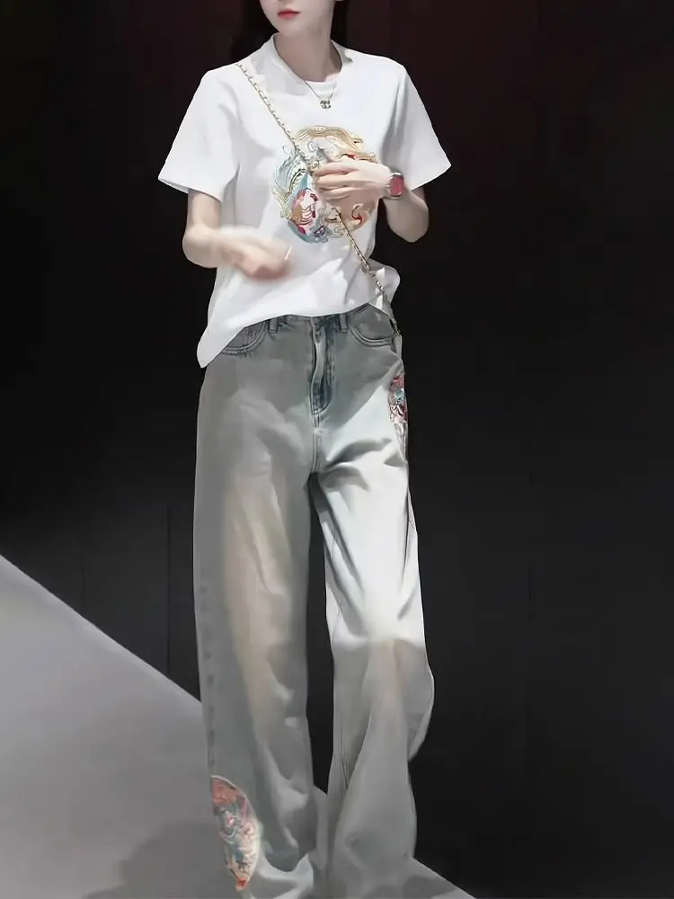 엘레 중국 스타일 자수 스키니 진 하이웨이스트 롱 팬츠 여성용 봄 여름 패션 트렌디 코튼 블렌드 데님