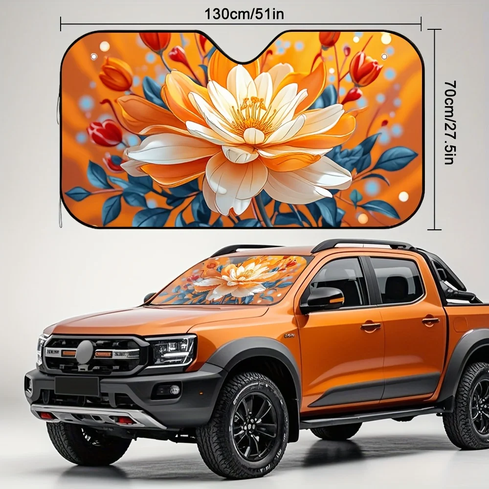 1pc Vintage Floral Car Sun Visor - Foldable, Space-Saving Sunshade With Orange & White Flower Design, Fit For Compact Cars, Smar