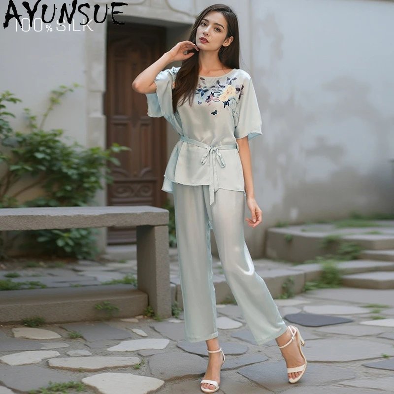 

AYUNSUE 16ММ 100% Шелковый Пижамный Комплект из Тутового Шелка для Женщин, Летняя Повседневная Одежда 2026: Брюки и Топы с Коротким Рукавом, Женская Пижама на Шнуровке
