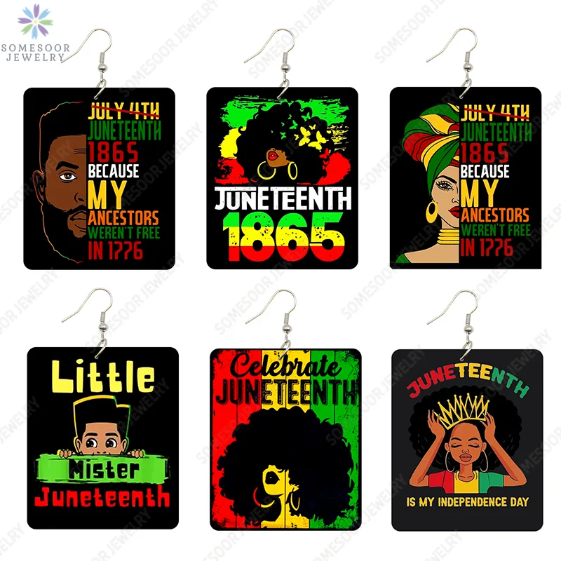 SOMESOOR Blacks Independence Day Wooden Drop Earrings Juneteenth 1865 Americans Inspired Rectangle Dangle Jewelry For Women Gift