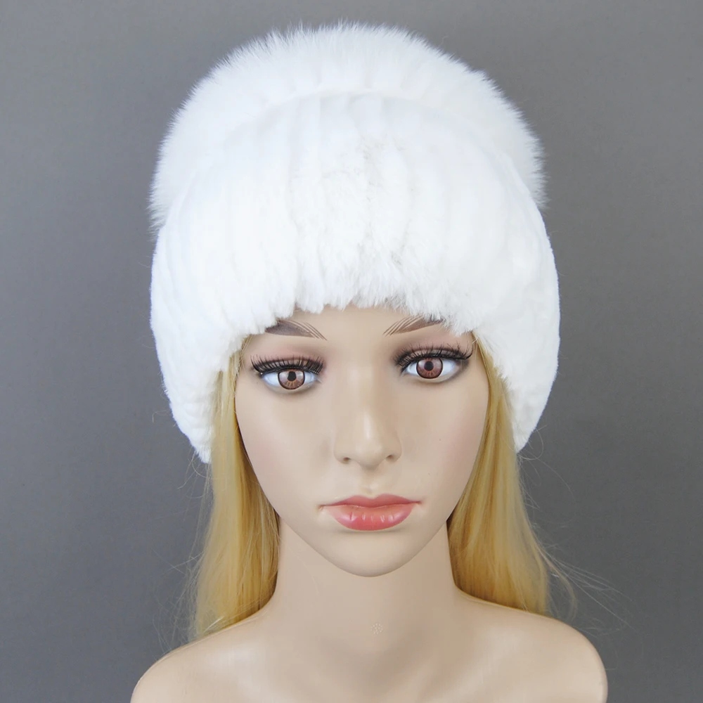 Real Rex Rabbit Fur Hats Winter Fur Hat Women with Silver Fox Fur Butterfly Knitted High-quality Women Fur Cap New Beanies Cap