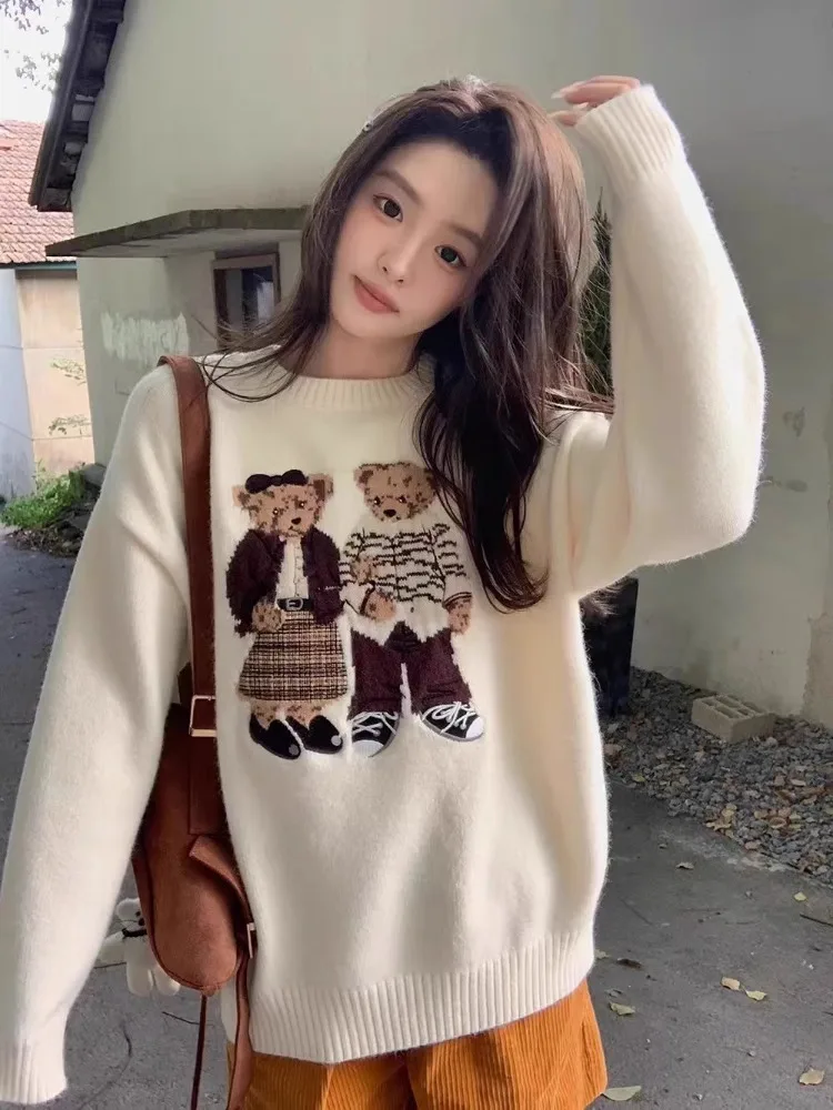 Retro Preppy Loose Winter Sweater Cute Cartoon Jacquard Sweater Gray Jumper Knitwear Korean Trendy Fashion Streetwear Women Tops