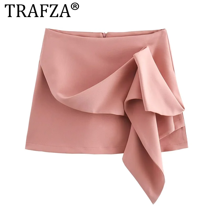 TRAFZA 2024 Woman\'s Skirt Set Pink Solid Square Collar Sleeveless Cropped Tops+High Waist Shorts Summer Suits Woman Trendy Traf