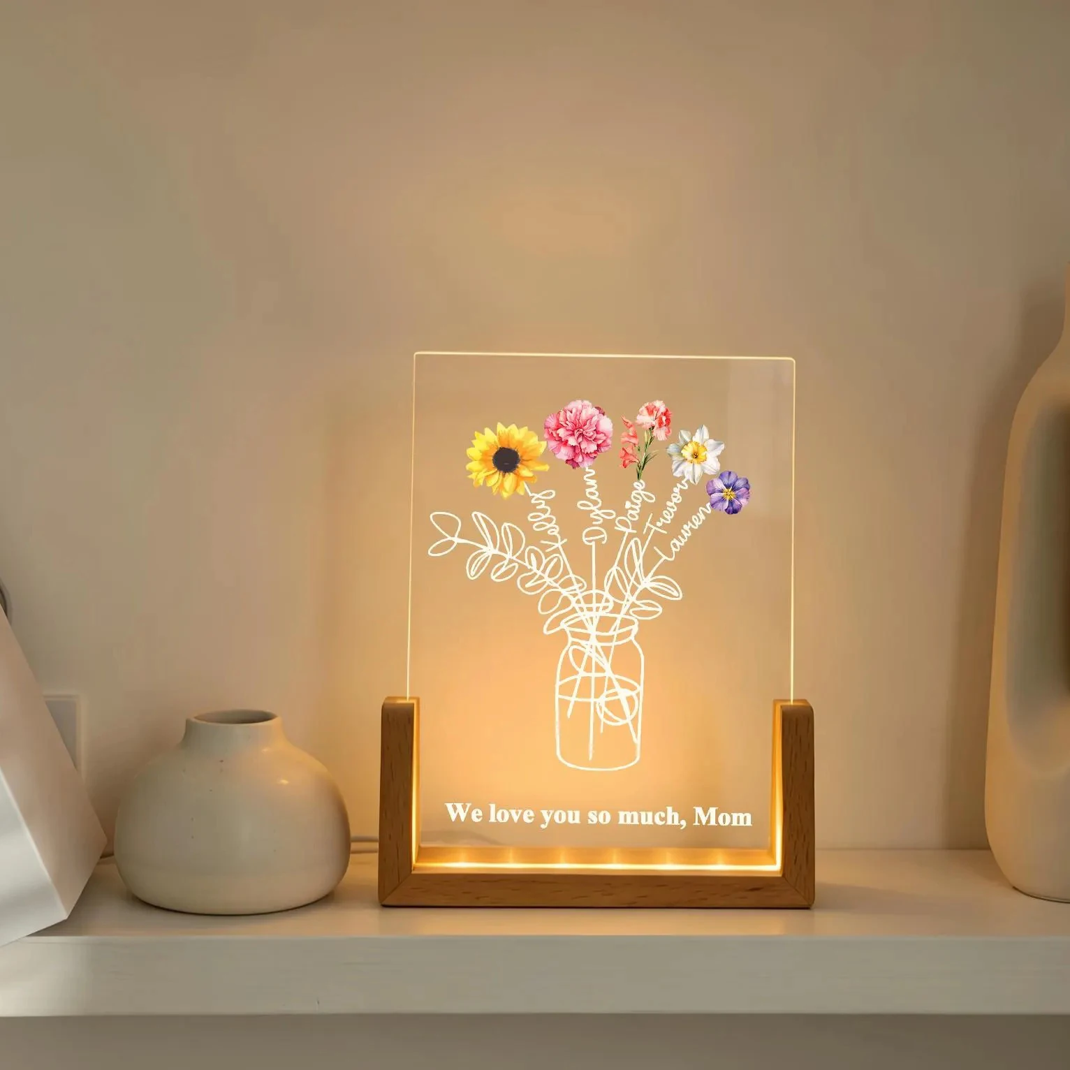 Luz nocturna acrílica personalizada con nombre de familia, diseño floral de ramo, decoración cálida para el hogar, regalo significativo para el Día de la Madre para mamá