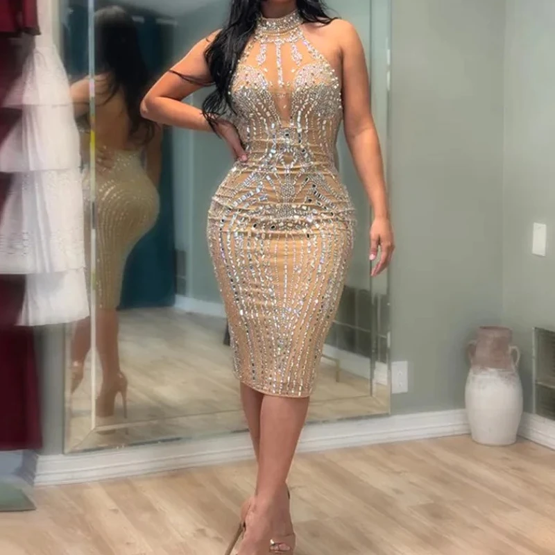 

Backless Dress Sexy Wrap Buttocks Vestidos Women Party Dresses Sheath Slim Fit Spliced Summer 2025 Diamonds Knee Length