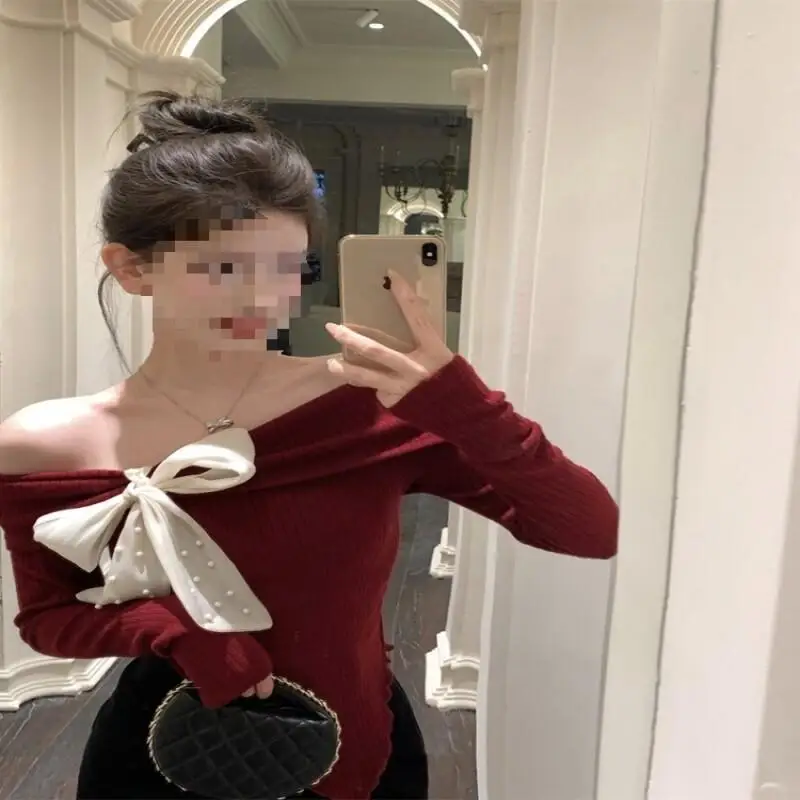 

New Women Winter Sweater One Shoulder Bow Knit Christmas Red Long Sleeve Tops Shirt Casual Party Wear Cute Kawaii Fashion
