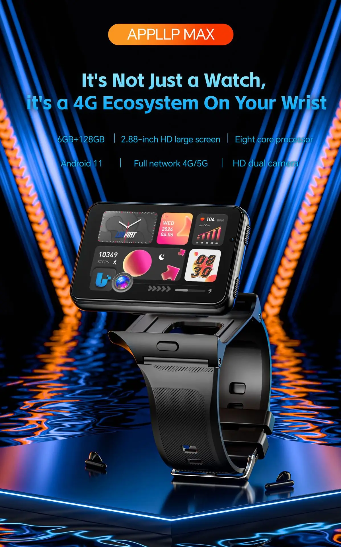 LOKMAT APPLLP MAX-NEW 4G LTE Smartwatch 2.8" Touch Screen WiFi Dual Camera Video Call Heart Rate Monitor Smart Watch for Android